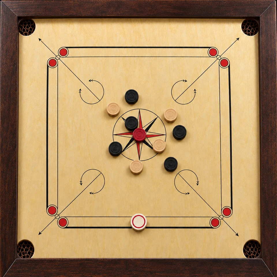 Quadratisches Carrombrett aus Holz mit schwarzen, hellen und roten Carromsteinen